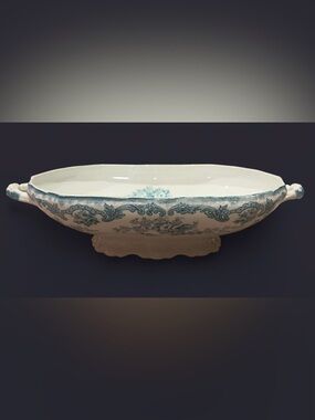 Antique New Wharf Pottery Teal Harwood Transferware Handled Serving Dish England